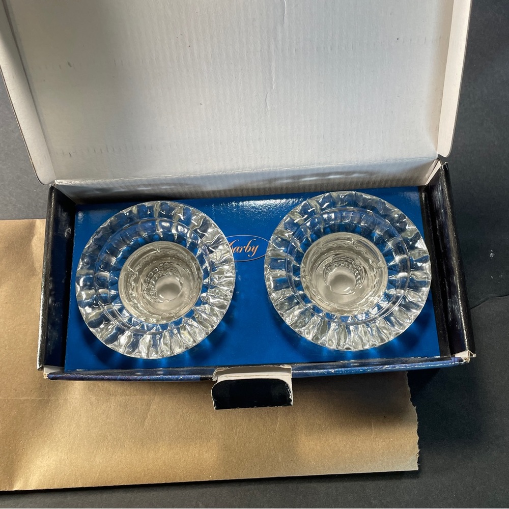 Vntge Crystal Candleholder set Ornate Round Design W/ 1.5' Lift made in Malaysia